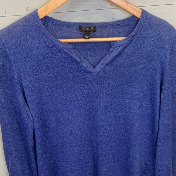 Talbots 100% linen blue V-neck lightweight knit sweater size petite - Picture 3 of 8